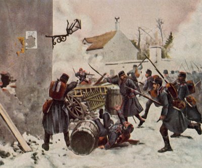Württembergerna vid Champigny, 2 december 1870 (förbättrad färglitografi) av Richard Knotel
