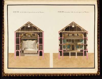 Sektion av föreställningssalen på sidan av teatern & Sektion av samma sal på sidan mitt emot teatern, från Compendium of Plans of the Petit Trianon av Richard Mique av Richard Mique
