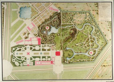 Plan över de franska och lantliga trädgårdarna i Petit-Trianon med massorna av byggnaden, från Recueil des plans du Petit Trianon av Richard Mique av Richard Mique