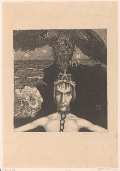 Fastkedjad man med trehövdad rovfågel på huvudet Anangke (Destiny) (originaltitel) av Richard Nicolaüs Roland Holst