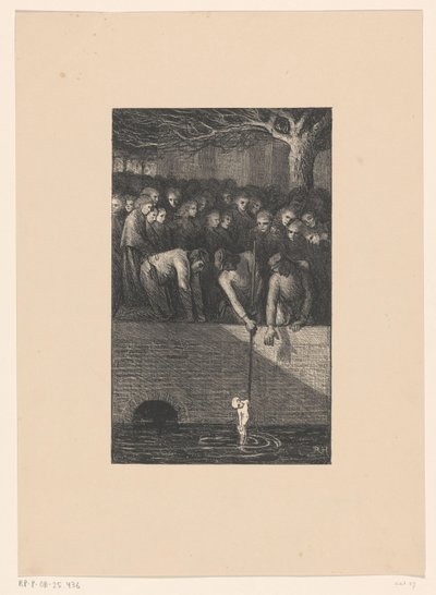 Man tar ett babylik ut ur en kanal Avloppet spyr ut sitt elände (originaltitel) av Richard Nicolaüs Roland Holst