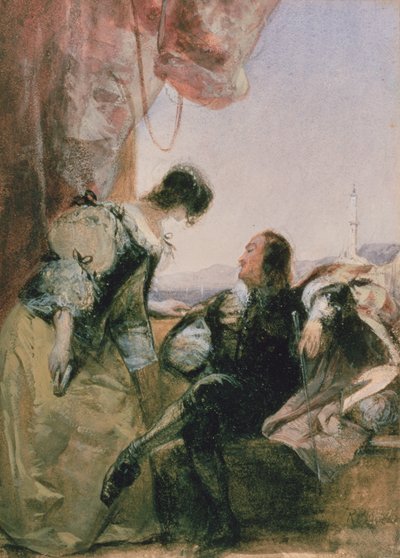 A Cavelier and his Lady on a Terrace, Genua av Richard Parkes Bonington