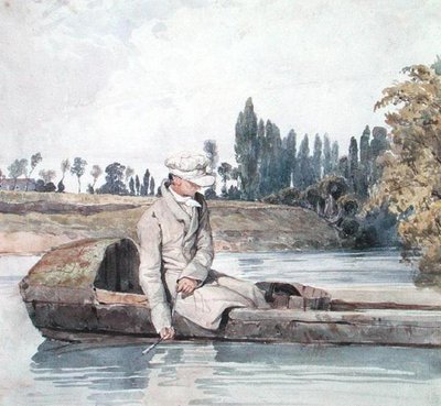 En man som fiskar från en båt på en flod (akvarell på papper) av Richard Parkes Bonington