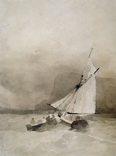 Ett segelfartyg och en roddbåt i grov sjö utanför Beachy Head, Sussex. av Richard Parkes Bonington