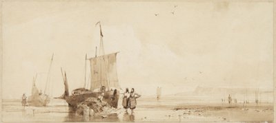 Fiskebåtar på sanden vid Normandies kust av Richard Parkes Bonington