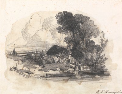 Träd och en stuga vid en flod av Richard Parkes Bonington