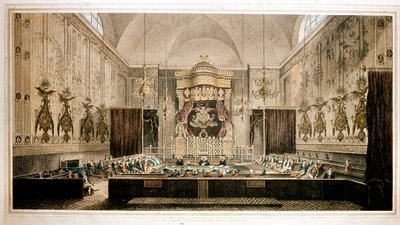 Vy över House of Lords, överhuset i Storbritanniens parlament. Gravyr av Rothwell. 1800-talets Parker Gallery, London av Richard Rothwell
