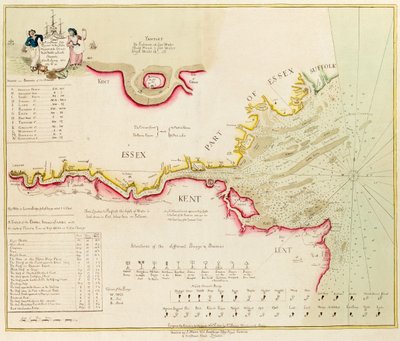 Karta över floden Themsen från London till Nore, Margate och Downs, norra, mellersta och södra kanalen, från en undersökning som gjordes 1789 och 90 av Richard Stanier