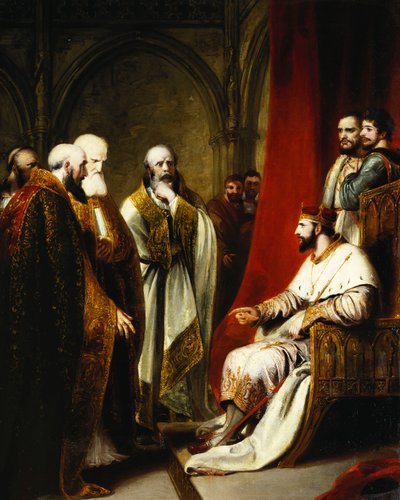 Henry III som svar till ärkebiskopen av Canterbury och biskoparna av Salisbury, Winchester och Carlisle, som krävde en reformation i staten, av Richard Westall