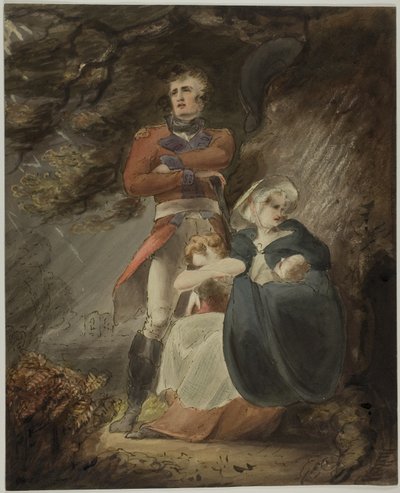 Officer som söker skydd undan en storm med sin fru och sina barn (recto); Skiss av slott på kulle (verso) av Richard Westall