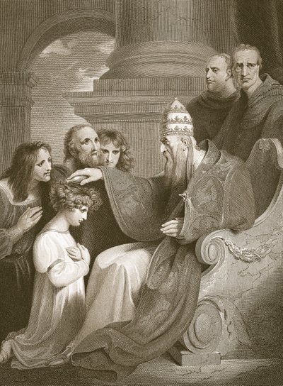 Prins Alfred före påven Leo den III, graverad av J. Stow, illustration från David Humes "The History of England", pub. av R. Bowyer, London, 1812 av Richard Westall