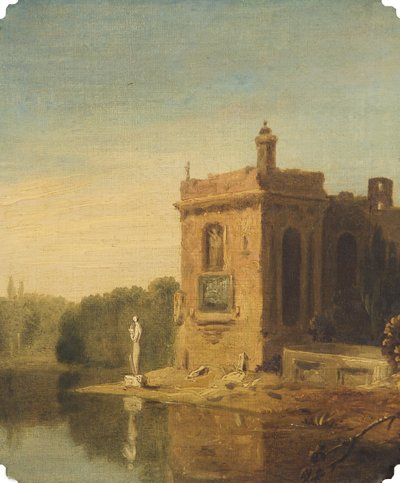 En sjö med en paviljong och en staty, Italien (olja på duk) av Richard Wilson