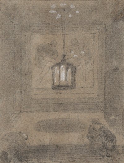 En underjordisk helgedom med två figurer som knäböjer framför en Pieta av Richard Wilson