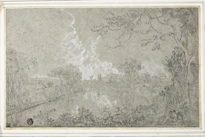 Banks of the River Dee nära Eaton Hall, Cheshire, ca 1759 (svartvit krita på blått papper, nedlagt på kort) av Richard Wilson