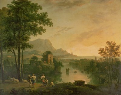 Kustlandskap på kvällen med herdar och herdinnor som dansar av Richard Wilson