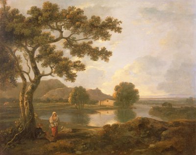 Flodscen med en bondgård (olja på duk) av Richard Wilson