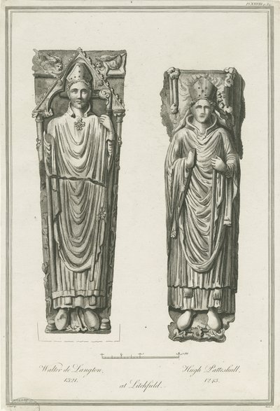 Lichfield Cathedral - Effigies av Walter de Langton och Hugh de Patteshull: gravyr, nd [1748-1817] (tryck) av Richard Woollett Basire