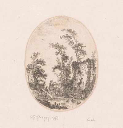 Ankdamm med några träd runt omkring Samling av vyer, landskap, antika fragment och historiska ämnen (serietitel) Recueil de griffonis, de vues, paysages, fragment antiques et sujets historiques (serietitel) av Richard de Saint Non