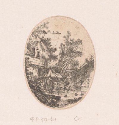 Utsikt över en flod där kvinnor tvättar Samling av vyer, landskap, antika fragment och historiska ämnen (serietitel) Recueil de griffonis, de vues, paysages, fragment antiques et sujets historiques (serietitel) av Richard de Saint Non