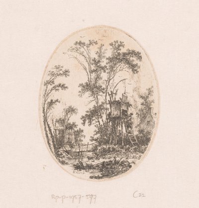 Landskap med en träkonstruktion på pålar, till vänster en kvinna på en bro Samling av vyer, landskap, antika fragment och historiska ämnen (serietitel) Recueil de griffonis, de vues, paysages, fragment antikviteter och sujets historiques ( av Richard de Saint Non