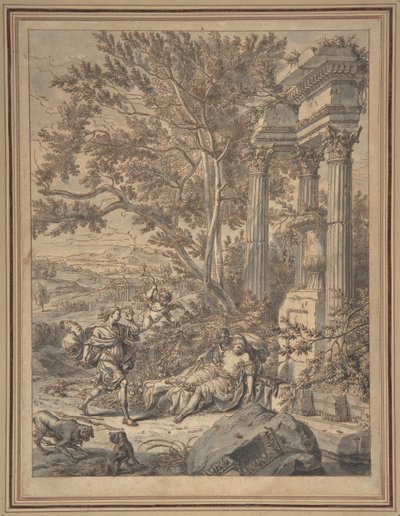 Silvio närmar sig Dorinda som han har sårat med en pil..., ca. 1700. av Richard van Orley
