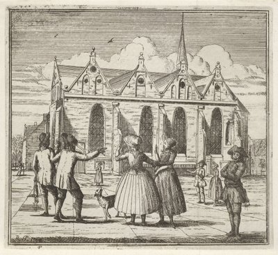 Män och kvinnor på ett torg nära Grote Kerk i Leeuwarden Vintern. (serietitel) Winter Scenes (serietitel) av Rienk Jelgerhuis
