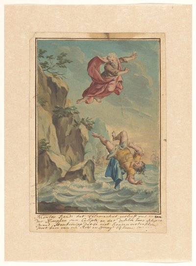 Mentor kastar Telemachus från en sten och hoppar efter honom Telemachus-serien (serietitel) av Rienk Keyert