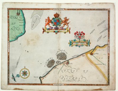 Dover till Sandwich och Blacknerse till Gravelines - Den spanska armadan och den engelska flottan utanför Calais, ca 1590 (manuskript) av Robert (after) Adams