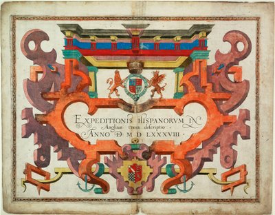 Titelsida till "Expeditionis Hispanorum in Angliam vera descriptio anno domini MDLXXXVIII av Robert (after) Adams