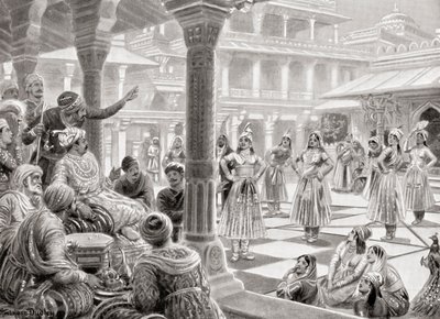 Akbar spelar pachisi eller chaupur med levande pjäser vid Fatehpur Sikri 1575, från Hutchinson