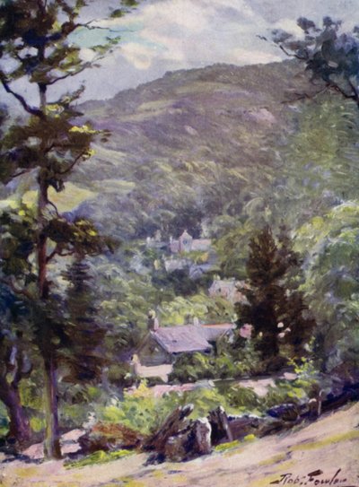 Avlägsen vy av Bettws-y-Coed (färg litho) av Robert (after) Fowler
