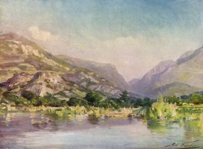 På floden Seiont, Carnarvonshire, kvällsglöd (färglitografi) av Robert (after) Fowler