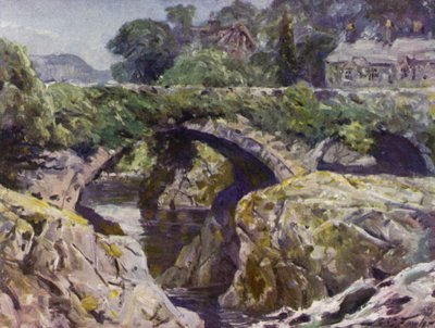 Den gamla bron, Bettws-y-Coed (färg litho) av Robert (after) Fowler