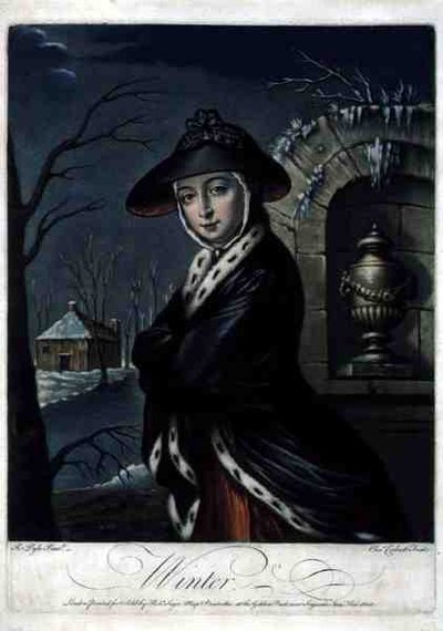 Winter, graverad av C. Corbutt (Richard Purcell) (fl.1746-66), pub. av Robert Sayer, ca 1760 (mezzotintgravyr) (se även 125558 och 125560-62) av Robert (after) Pyle