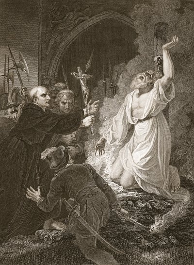Ärkebiskop Cranmers martyrskap, graverad av W. Bromley, illustration från David Humes "The History of England", pub. av R. Bowyer, London av Robert (after) Smirke