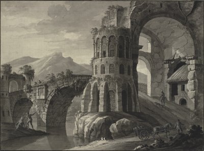 Arkitektonisk fantasi. Ruin av antik bro, flankerad av medeltida torn av Robert Adam
