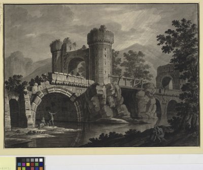 Arkitektonisk fantasi om en förstörd bro i ett landskap av Robert Adam