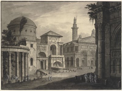 Arkitektonisk fantasi om en gammal stad med ett torg och många byggnader, några delvis i ruiner av Robert Adam