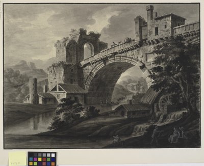 Arkitektonisk fantasi med en antik bro över en flod och en vattenkvarn i förgrunden av Robert Adam