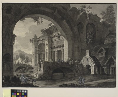 Arkitektonisk fantasi med ruiner av ett antikt bad och stugor av Robert Adam