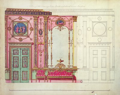 Sektion av salongen, Northumberland House, London; Design för gavelvägg, (penna, bläck och wc) av Robert Adam
