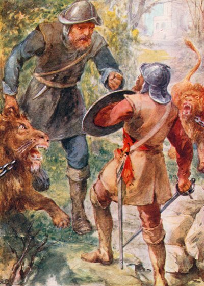 Greatheart attackerar Giant Grim (färglitografi) av Robert Ambrose (after) Dudley