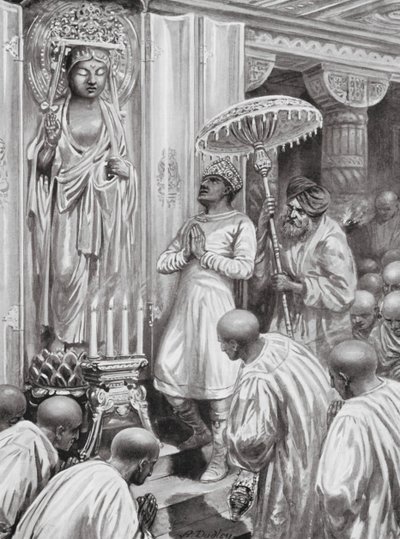 Kanishka inviger mahayana-buddhismen (nordlig buddhism), 100 e.Kr (litografi) av Robert Ambrose Dudley