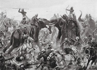 Pulikesin II Chalukhyas nederlag mot Mahamalla Pallava i Badami, 642 e.Kr. (litografi) av Robert Ambrose Dudley