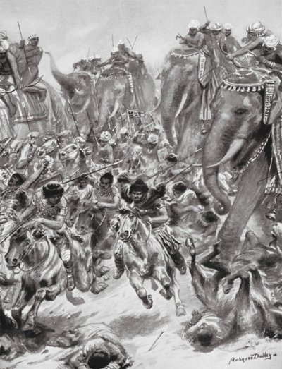 Eftaliternas eller de vita hunnernas nederlag, 528 e.Kr. (litografi) av Robert Ambrose Dudley