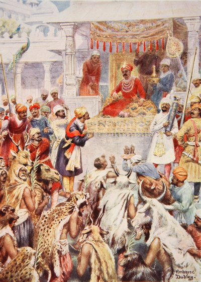 Khan Jahan visar Akbar sina furstliga fångar, illustration från 