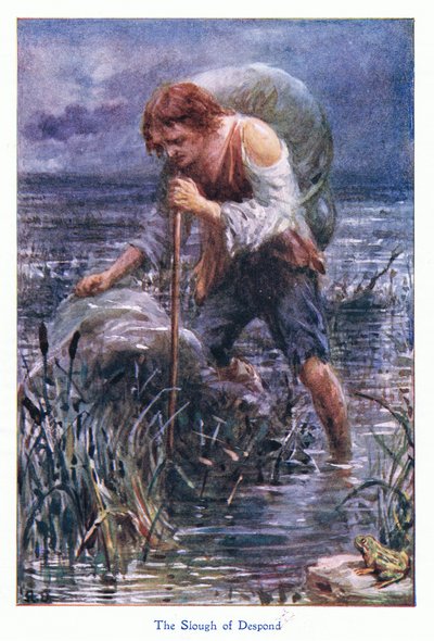 The slough of despond, från The Pilgrims Progress publicerad av John F Shaw & Co, ca 1900-talet (färg litho) av Robert Ambrose Dudley