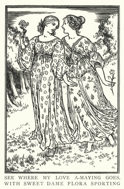 Se vart min kärlek a-maying går, med söta dam Flora sporting (litho) av Robert Anning Bell