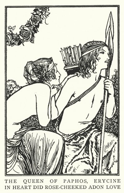 Drottningen av Paphos, Erycine, i hjärtat älskade rosekindad Adon (litho) av Robert Anning Bell