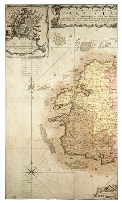 En ny och exakt karta över ön Antigua i Amerika, enligt en uppmätning som gjordes åren 1746-1748, ca 1749 (kolorerad gravyr) av Robert Baker
